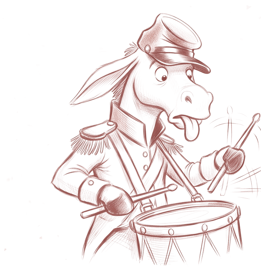 The donkey locked in, drumming a perfect roll