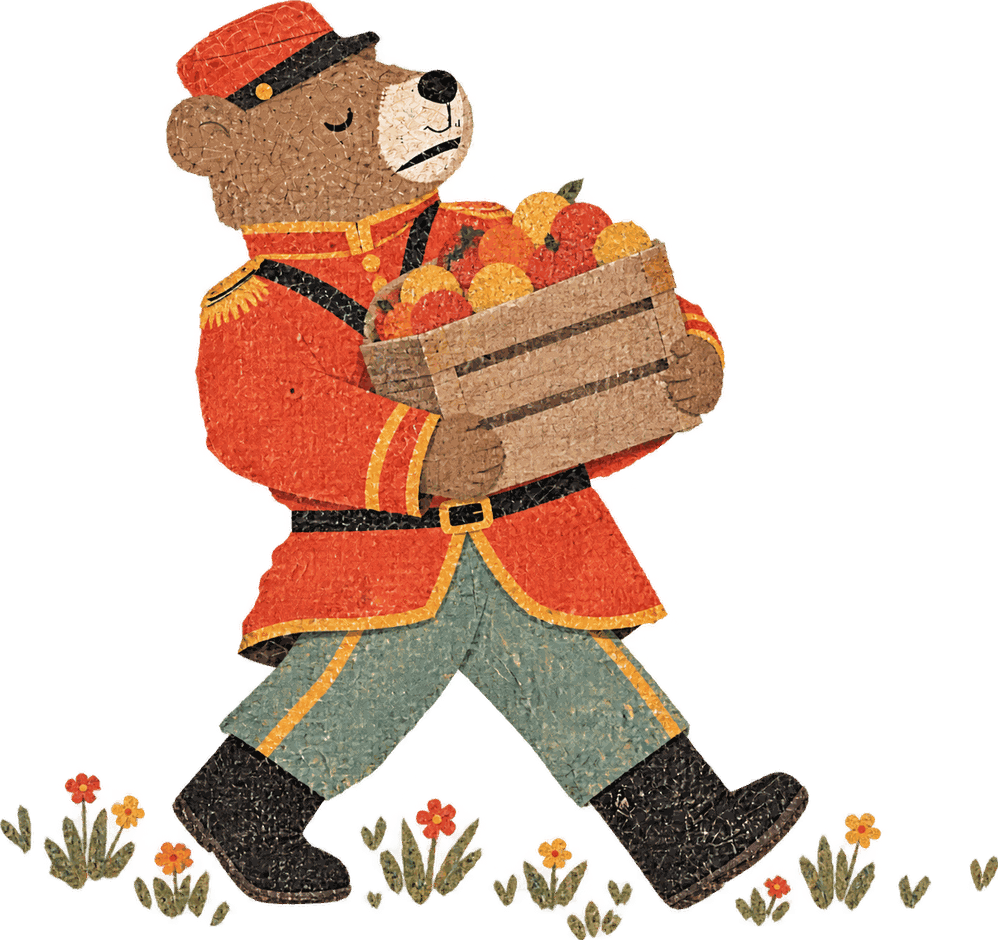 The bear carrying a crate of fruit from the market
