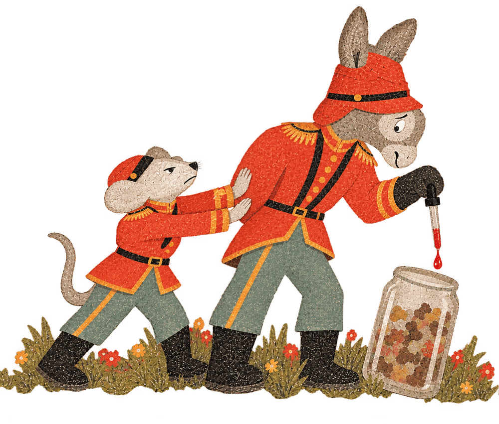 The mouse stopping the donkey adding anything to the jar