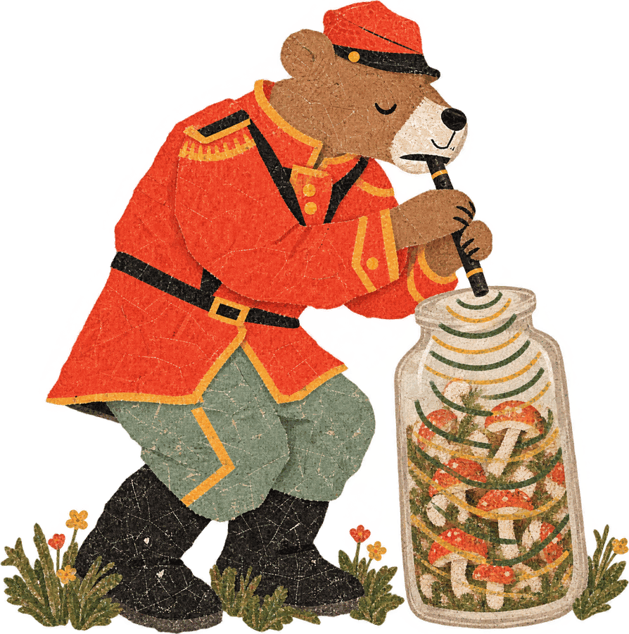 The bear playing his fife into a jar of mushrooms