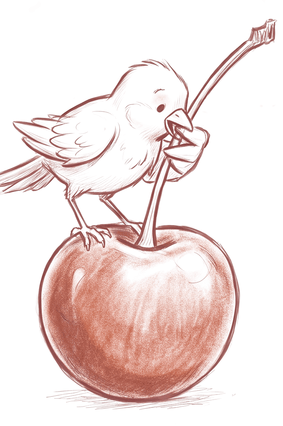 The bird eating a cherry twice its size