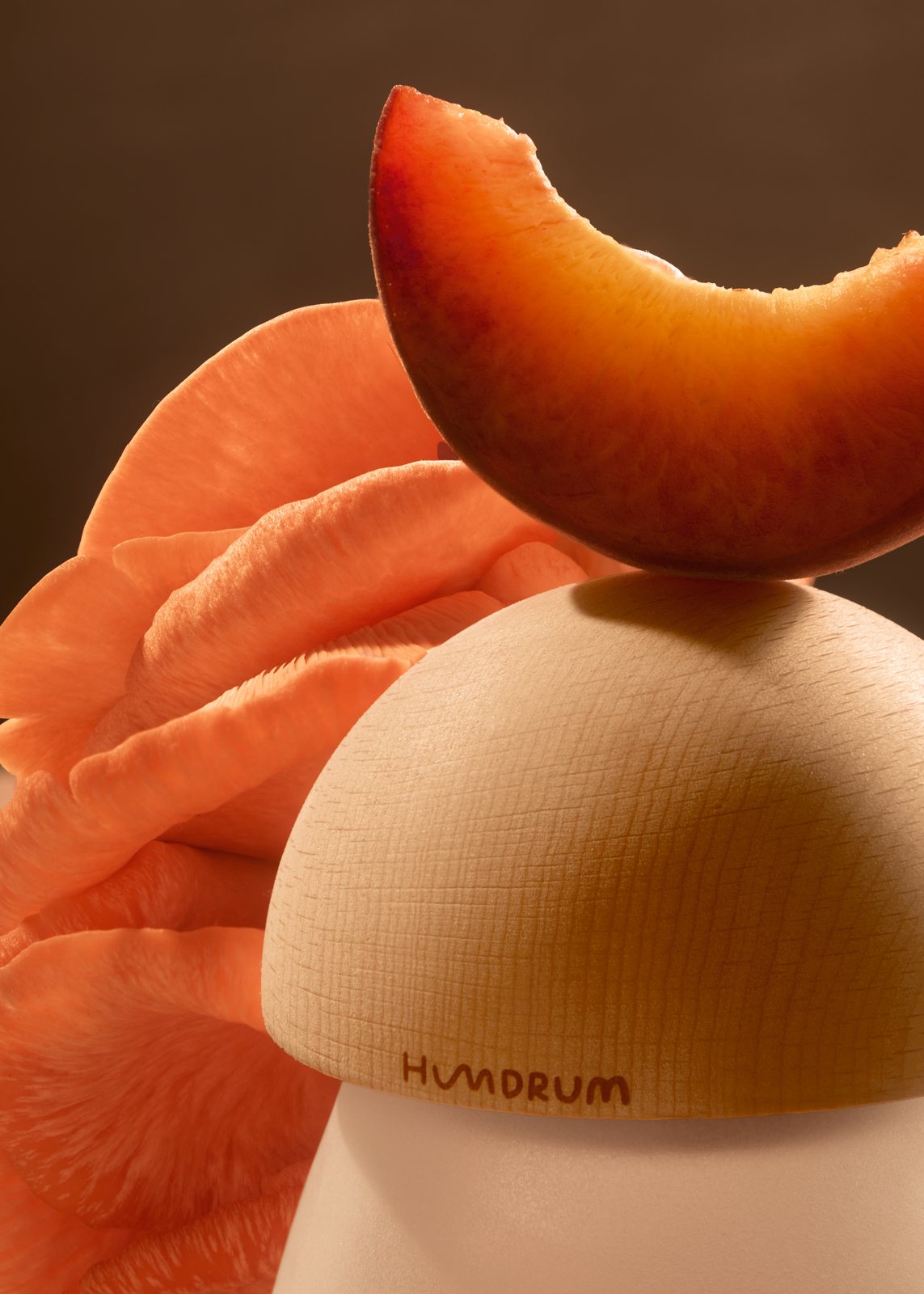 A slice of peach balanced on a Humdrum lid, against pink oyster mushrooms