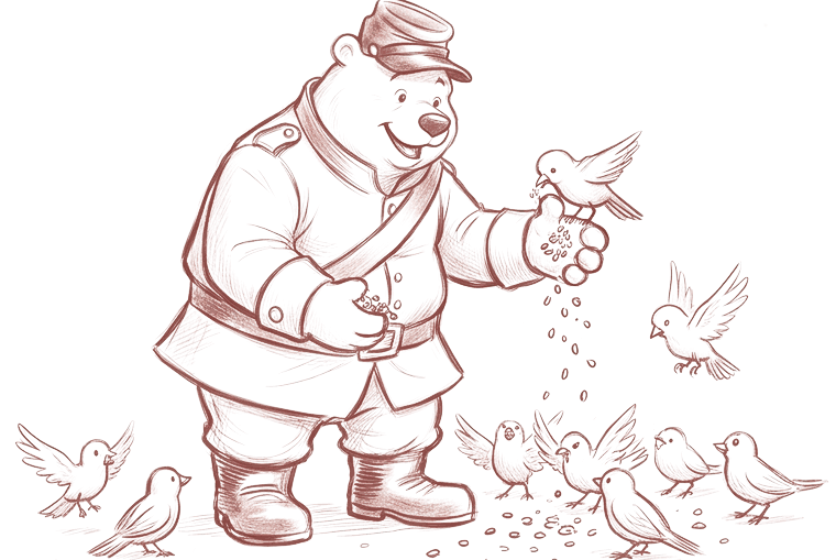 The bear scattering feed to a flock of birds