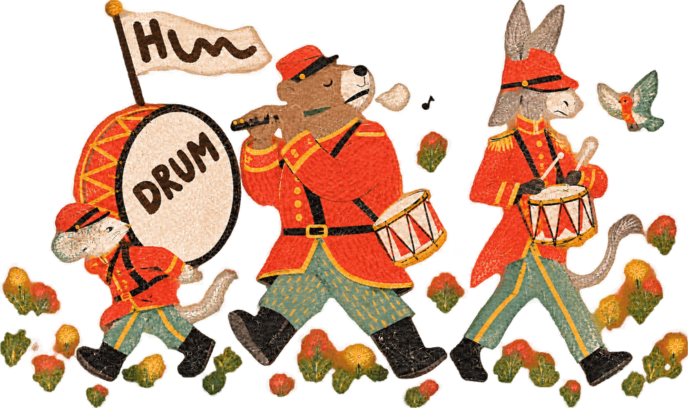 A mouse, a bear and a donkey marching as a little fife and drum band
