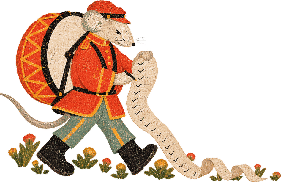 The mouse marching his drum along, working down a checklist twice his height