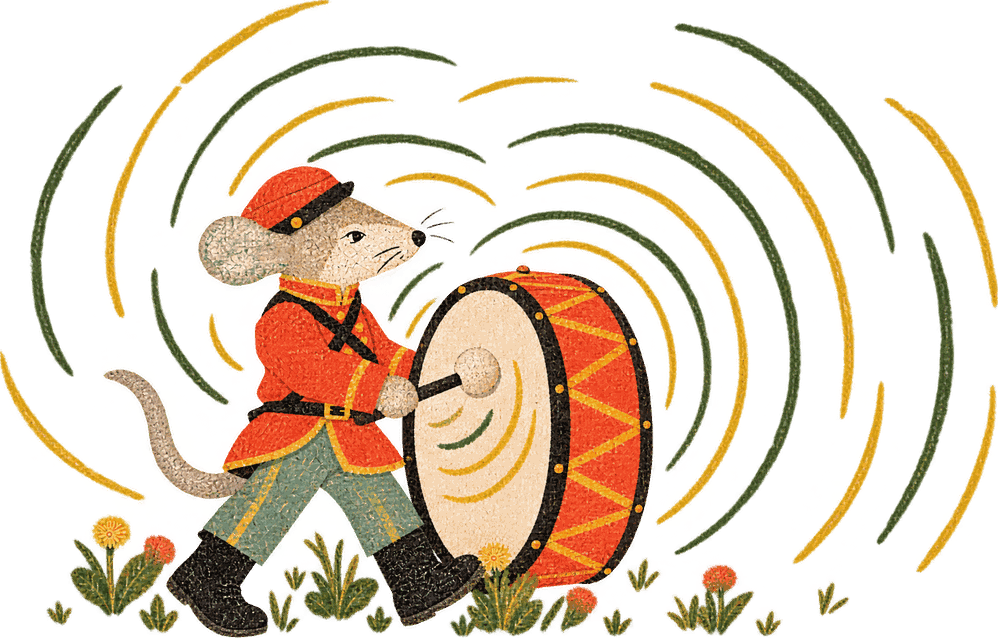 The mouse striking his drum, the sound splitting a mushroom open