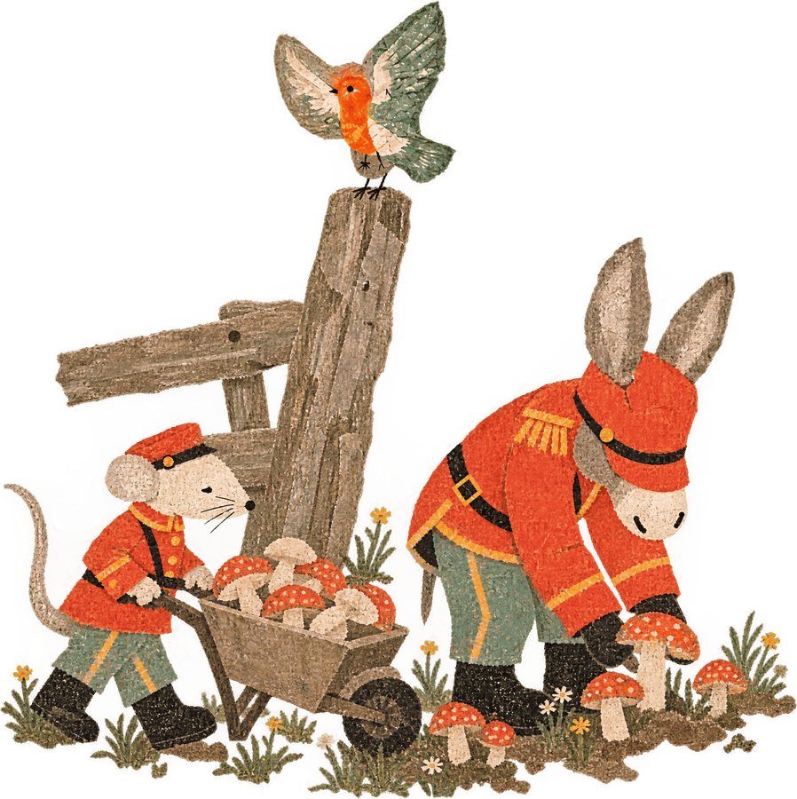 The mouse barrowing mushrooms while the donkey picks, the bird watching from the post
