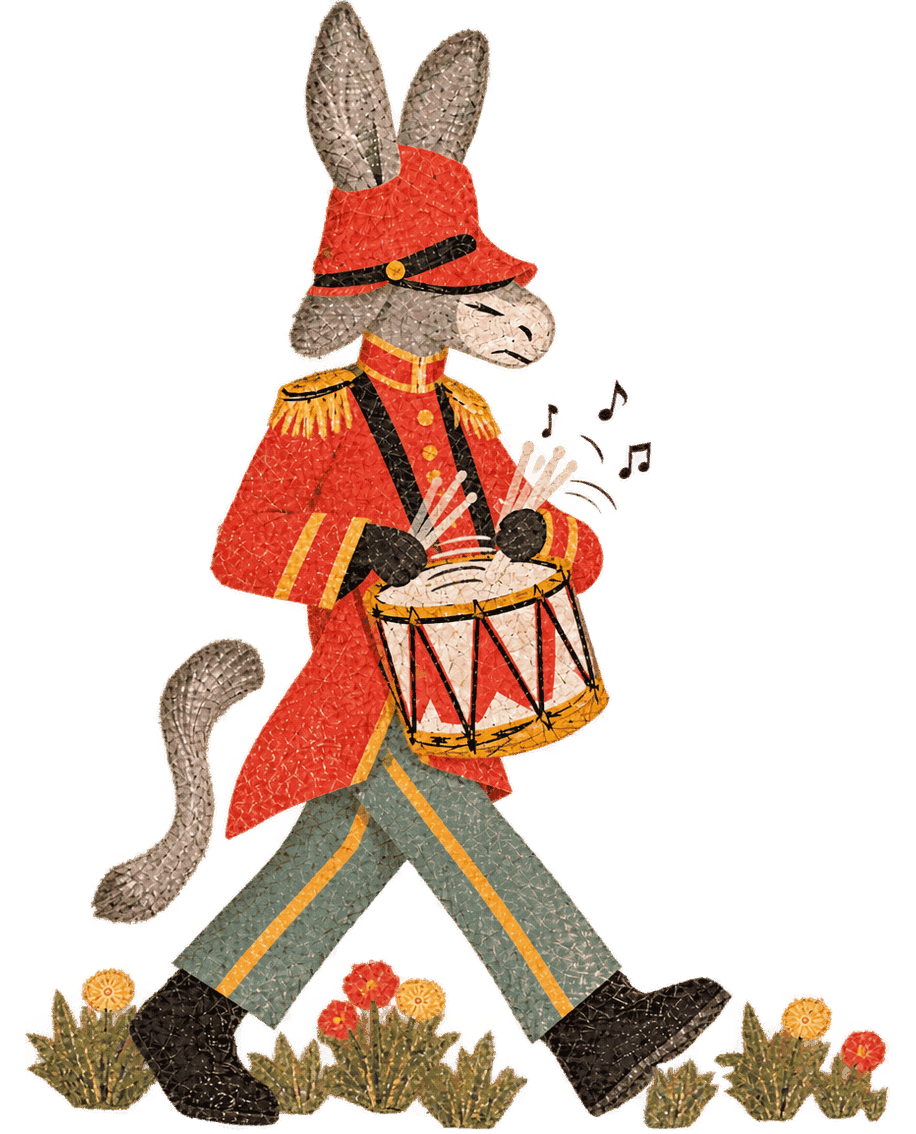 The donkey locked in, drumming a perfect roll