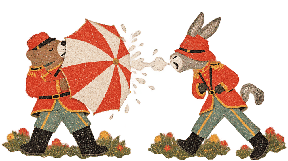 The bear shielding himself from the donkey's sneeze with a cocktail umbrella
