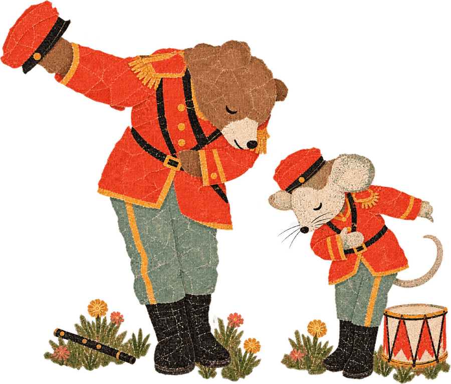 The mouse standing tall beside the bear, the two of them a matched set