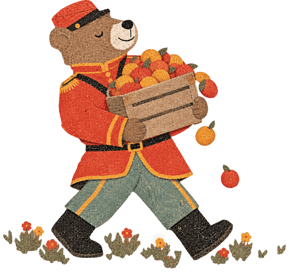 The bear carrying a crate of fruit from the market