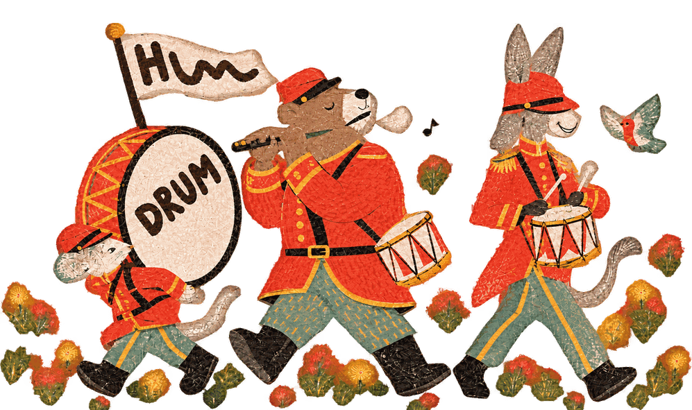 A mouse, a bear and a donkey marching as a little fife and drum band
