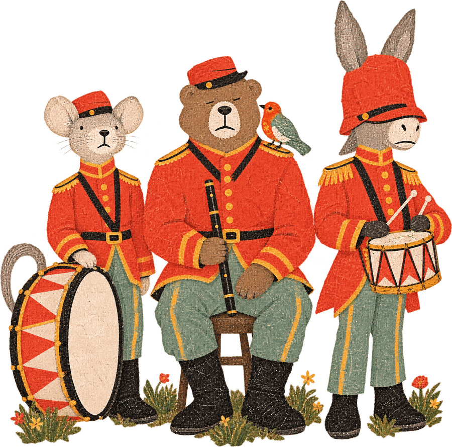 The three of them together, the bird riding the bear’s shoulder