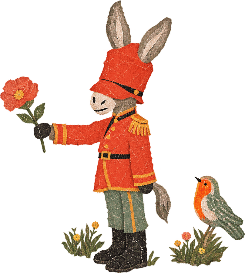 The donkey holding out a single flower, the robin watching